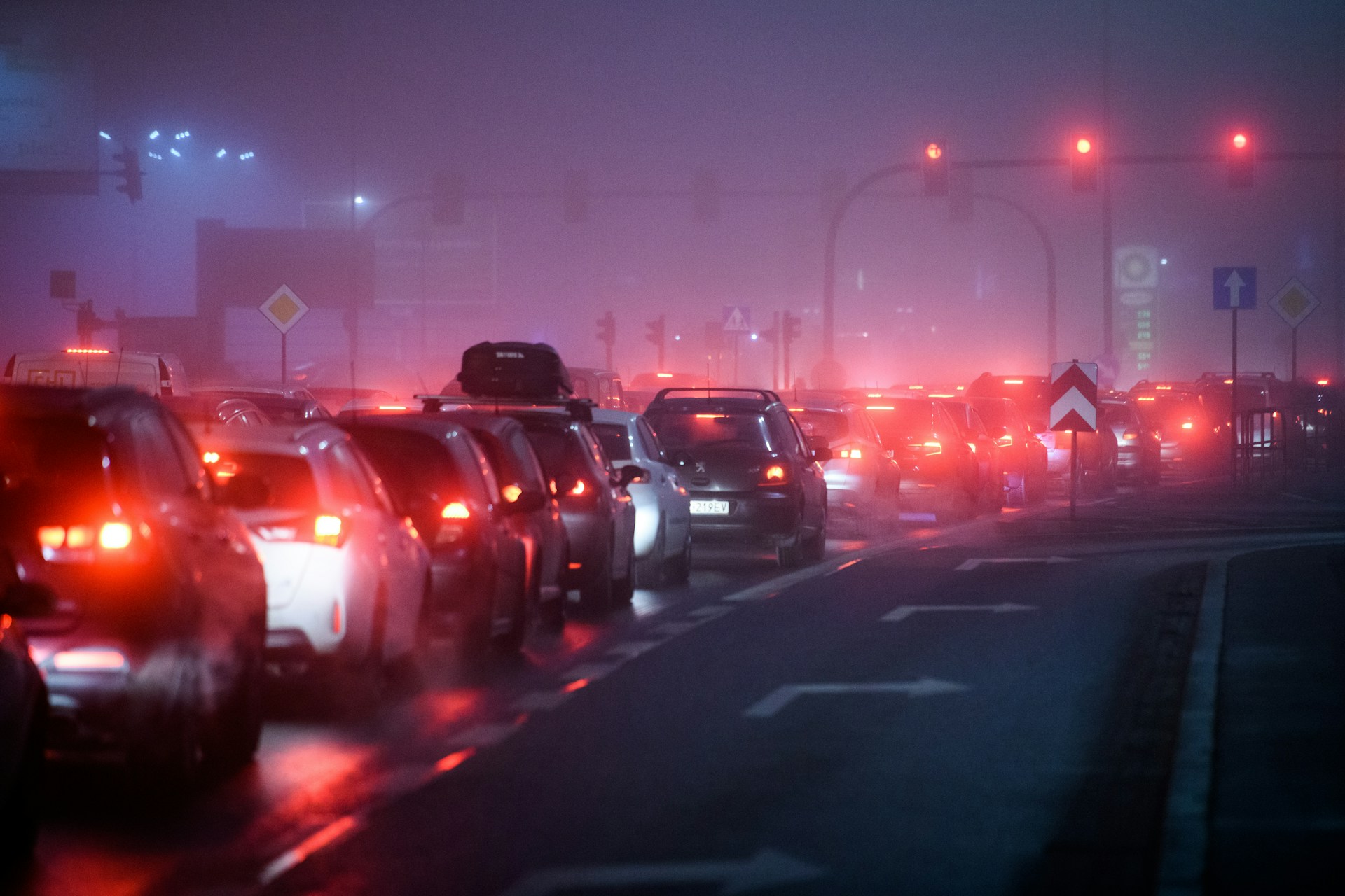 A heavy traffic jam at night
